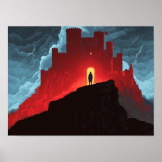 Poster Dark Fantasy Red Fortress Silhouette Adventure Art