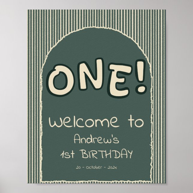 Poster Dark Green Stripes 1st Birthday Welcome Sign (Frente)