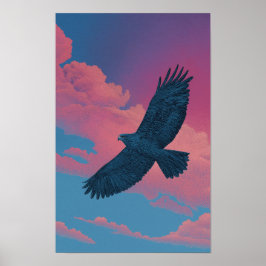 Poster Dark hawk with wings spread across a sunset sky