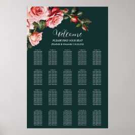 Poster Dark moody pink red roses wedding seating chart