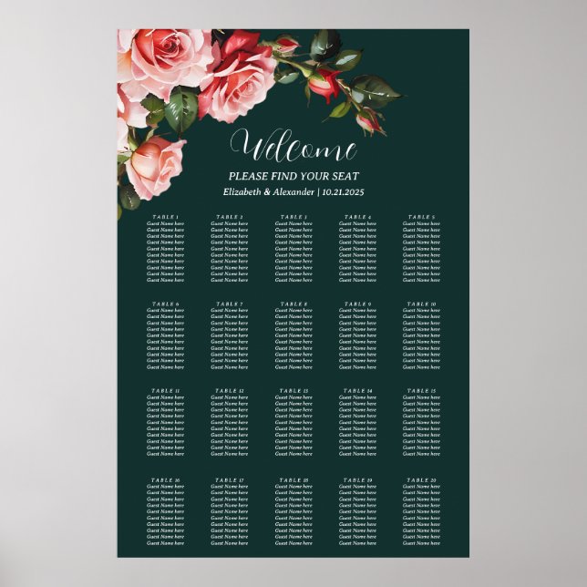 Poster Dark moody pink red roses wedding seating chart (Frente)
