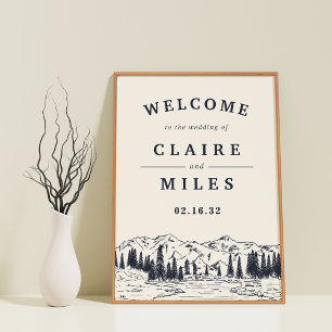 Poster Dark Navy Mountain Sketch Wedding Welcome Sign