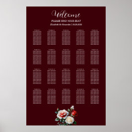 Poster Dark Pretty pink white red roses seating chart