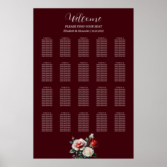Poster Dark Pretty pink white red roses seating chart (Frente)