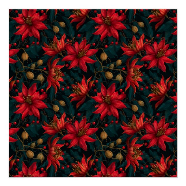 Póster Dark Red Christmas Floral Pattern (Frente)