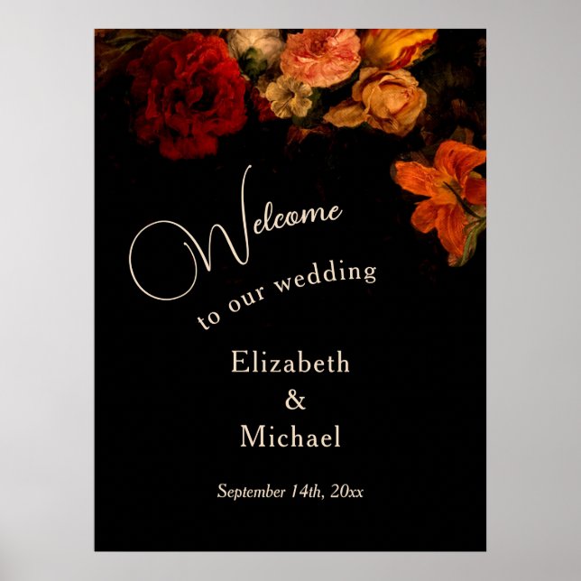 Poster Dark Romantic Painted Flowers Wedding Welcome (Frente)