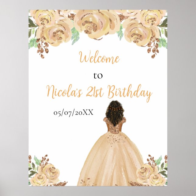 Poster Dark Skin Princess Peach Floral Birthday Welcome (Frente)