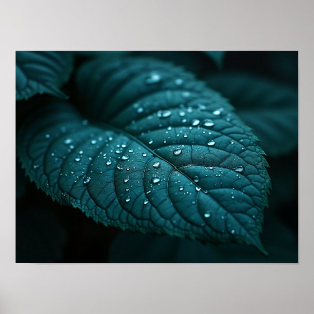Poster Dark Teal Macro Leaf With Rain Water Droplets (Frente)