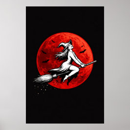 Poster Dark Witch Flying Over Red Moon