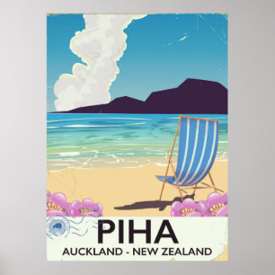 Poster das viagens vintage de Piha Nova Zelândia