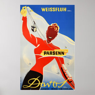 Poster Davos Parsenn, Girl Shows Cable Carand Ski Lift