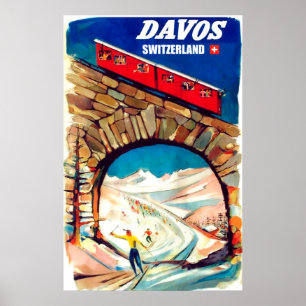 Poster Davos, teleférico vermelho na ponte, suiça