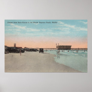 Poster Daytona, FL - View of Beach with Cars &