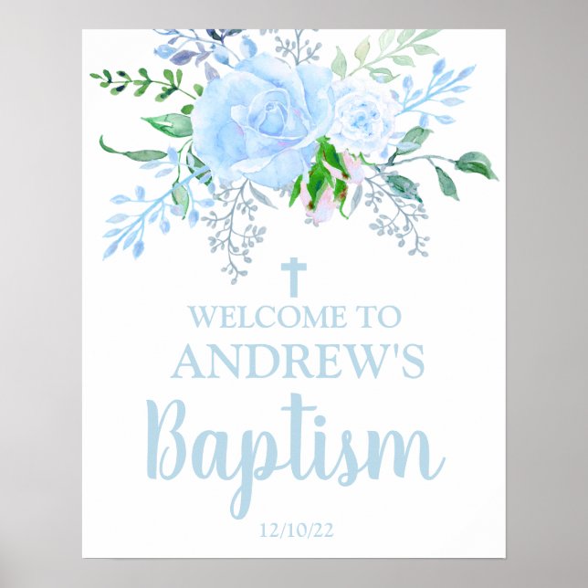 Poster de 16x20 do Light Blue Floral Baptism Boy B (Frente)