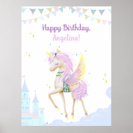 Poster de aniversário com um adorável unicórnio.