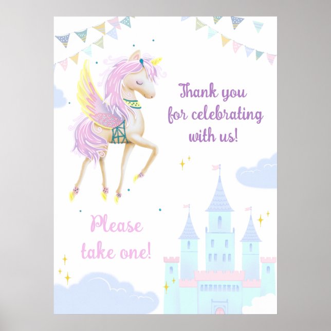 Poster de aniversário com um adorável unicórnio. (Frente)