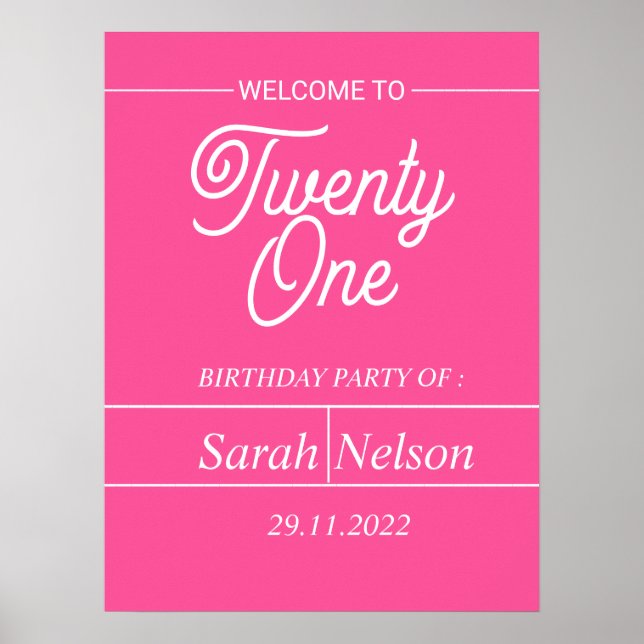 Poster de aniversário de 21 anos moderno rosa quen (Frente)
