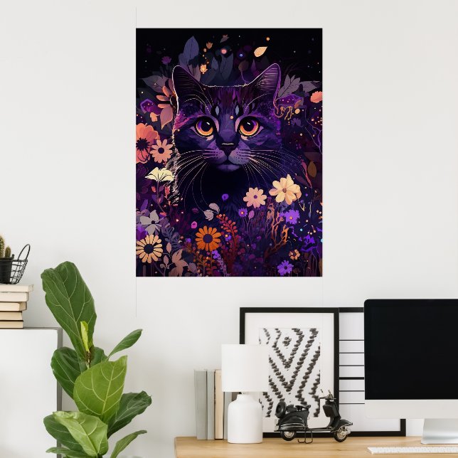 Poster de Aniversário de Gato Floral Roxo (Escritório em casa)