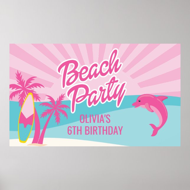 Poster de aniversário de praia rosa (Frente)