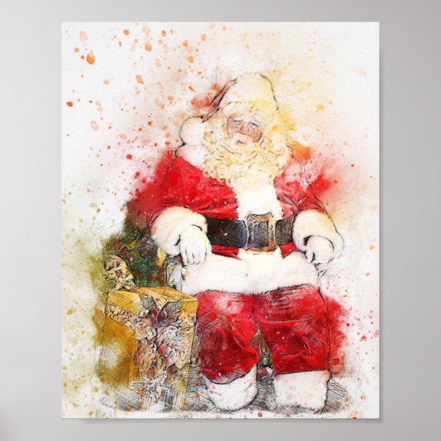 Poster de aquarela de Natal Santa Claus, impressão (Frente)