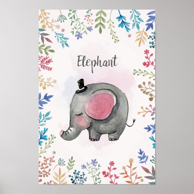Poster de aquarela de quadro floral elefante (Frente)