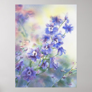 Poster de aquarelas de flores de delfinium azul-ro