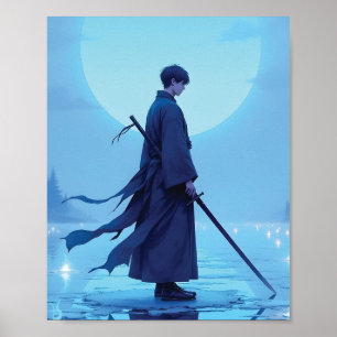 Poster de Arte Anime Samurai Solitário Lua Cheia