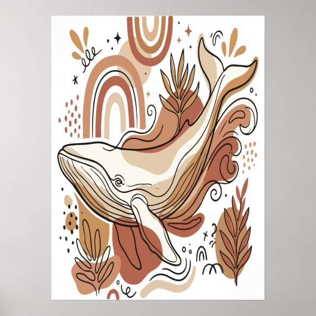 Poster de Arte Botânico do Oceano da Boho Baleia (Frente)