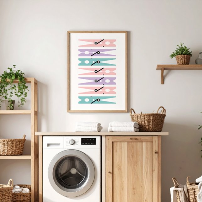Poster de Arte da Sala de Arrasto de Pinos de Roup (pretty pastel pink, lilac and teal on white modern graphic clothes pins art for a fun laundry room)