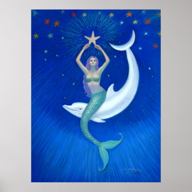 Poster de arte de fantasia da Dolphin Moon Mermaid (Frente)
