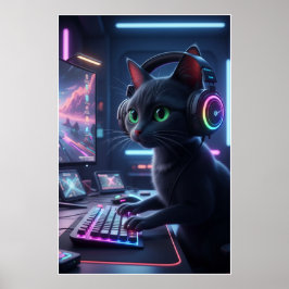 Poster de Arte de Gato Gamer Cyberpunk