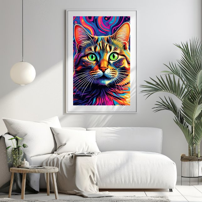 Poster de Arte de Gato Psicodélico Colorida (Colorful Psychedelic Cat Art Poster)