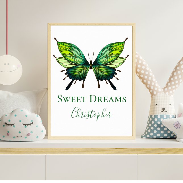 Poster de Arte de Muro de Borboleta Verde (Green Butterfly Sweet Dreams Nursery Wall Art Personalized)