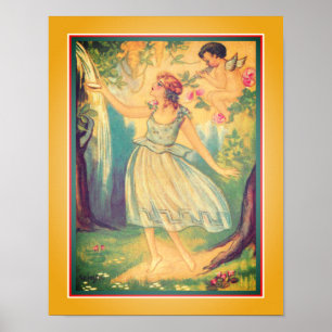 Poster de Arte Deco "Rapariga e Cupido em Waterfal