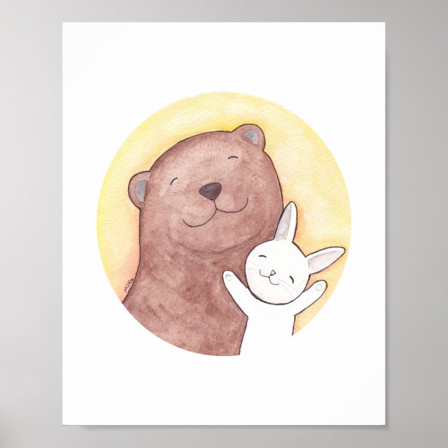 Poster de Arte do Urso Feliz e Coelho Decoração Fl (Frente)