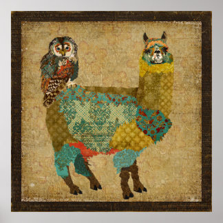 Poster de Arte Dourada Alpaca & Teal Owl