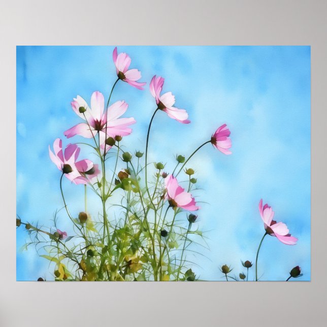 Poster de Arte Floral de Flores Cosmos Rosa (Frente)