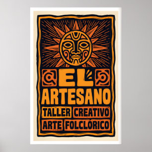 Pôster de Arte Folclórica Rosto do Sol Impressão e