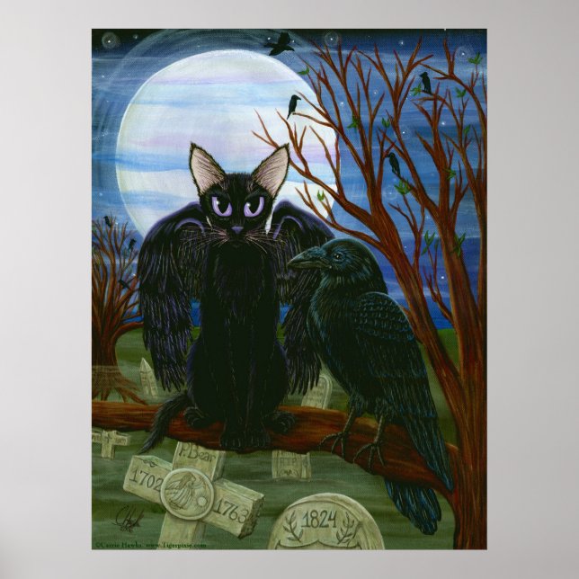 Poster de Arte Gótica com Gato Negro Moon de Raven (Frente)