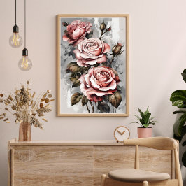 Poster de Arte Moderna Floral de Três Rosas Rosa