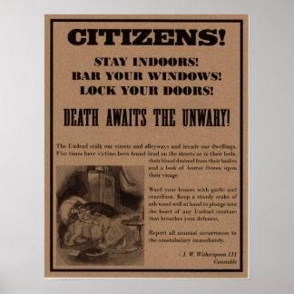 Poster de Aviso Vampiro. Decoração de Halloween.