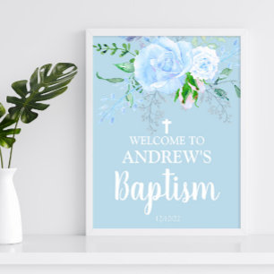 Poster de Batismo Floral Azul Claro Bem-vindo 8x10