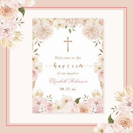 Poster de Batismo Floral Elegante Rosa Boho