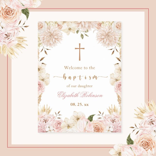 Poster de Batismo Floral Elegante Rosa Boho (Criador carregado)