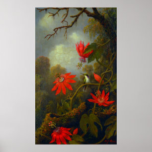 Poster de beija-flor e flores de pastilhas (1875)