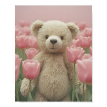 Poster de Berçário Urso de Pelúcia e Tulipa Rosa