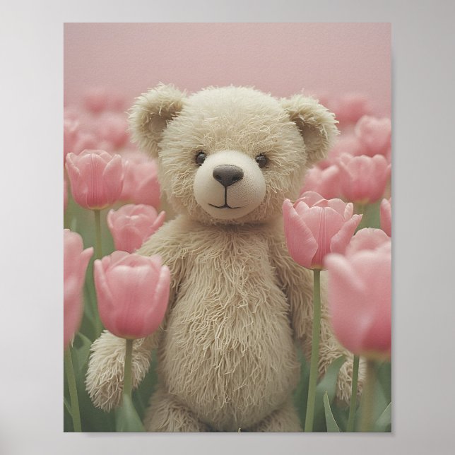 Poster de Berçário Urso de Pelúcia e Tulipa Rosa (Frente)
