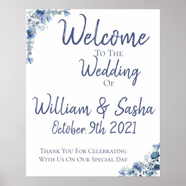 Poster de Boas-vindas ao Casamento Floral Azul (Frente)