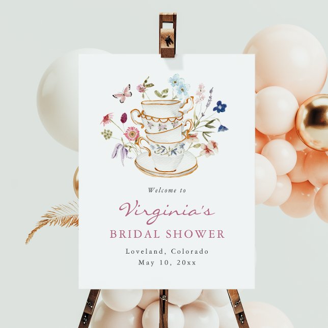 Poster de boas-vindas ao Chá (Elegant Floral Bridal Tea Welcome Poster by Painted Paperie
)