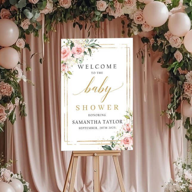 Poster de boas-vindas ao Chá de fraldas floral cor (Boho blush pink floral Baby shower welcome poster)